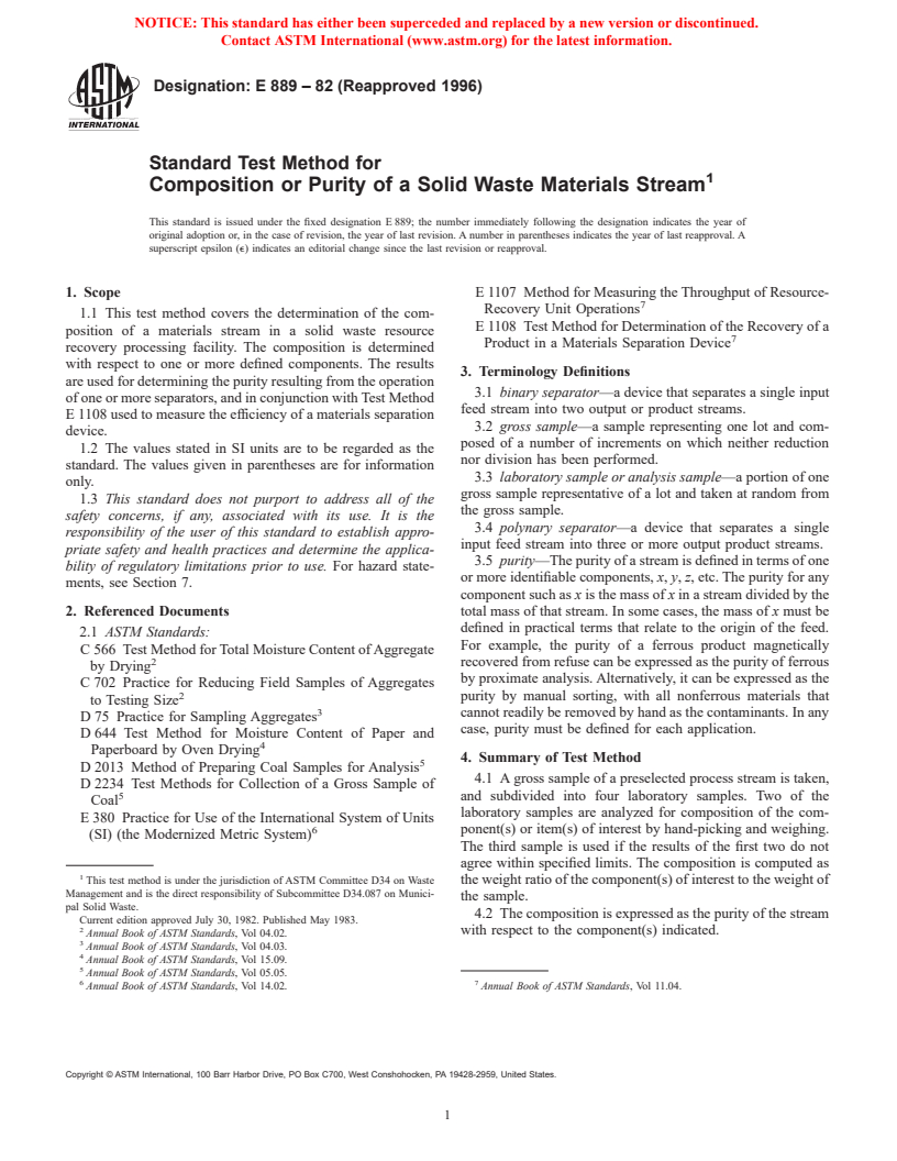 ASTM E889-82(1996) - Standard Test Method for Composition or Purity of a Solid Waste Materials Stream