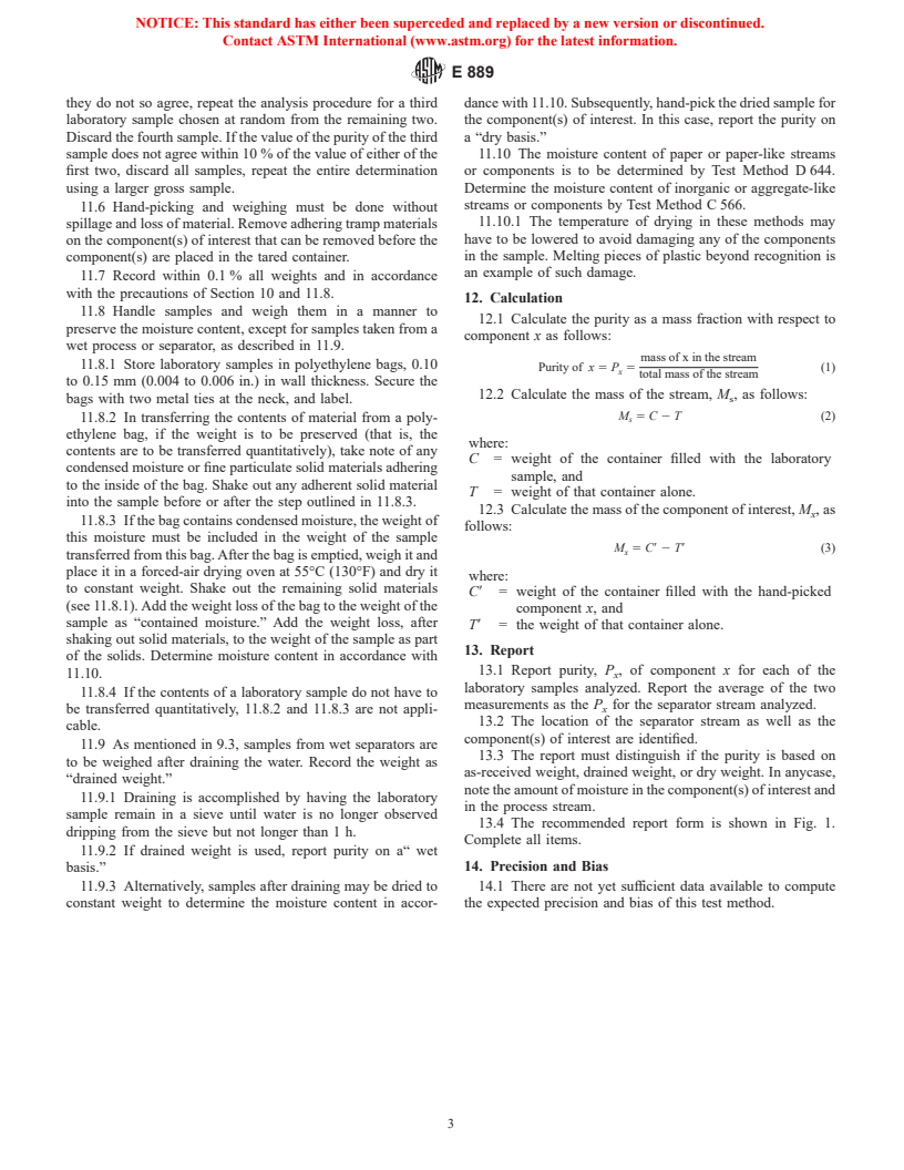 ASTM E889-82(1996) - Standard Test Method for Composition or Purity of a Solid Waste Materials Stream