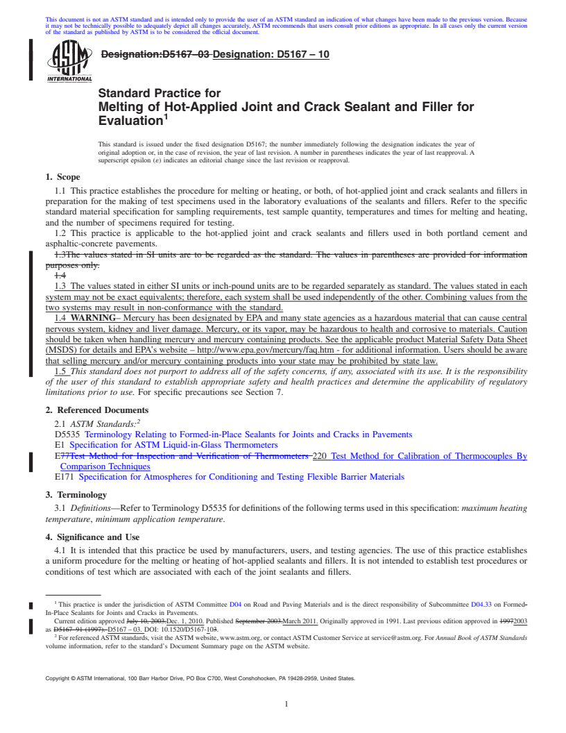 REDLINE ASTM D5167-10 - Standard Practice for Melting of Hot-Applied Joint and Crack Sealant and Filler for Evaluation