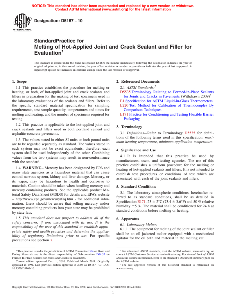 ASTM D5167-10 - Standard Practice for Melting of Hot-Applied Joint and Crack Sealant and Filler for Evaluation