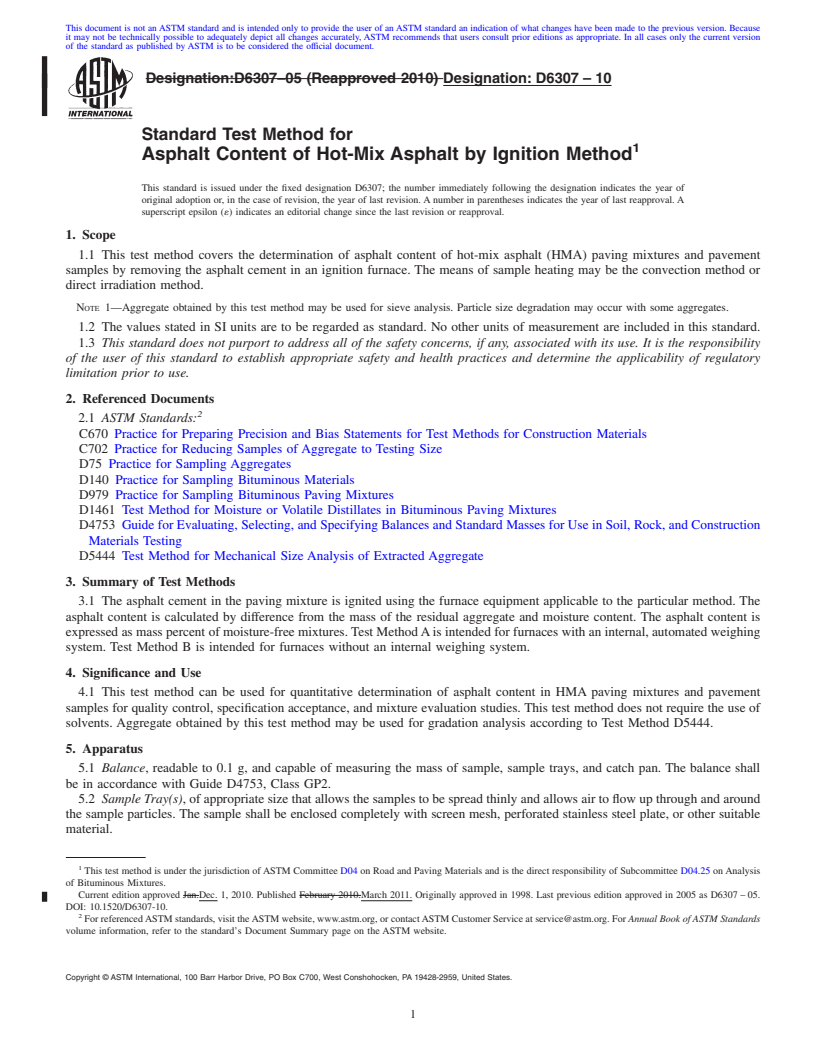 REDLINE ASTM D6307-10 - Standard Test Method for Asphalt Content of Hot-Mix Asphalt by Ignition Method