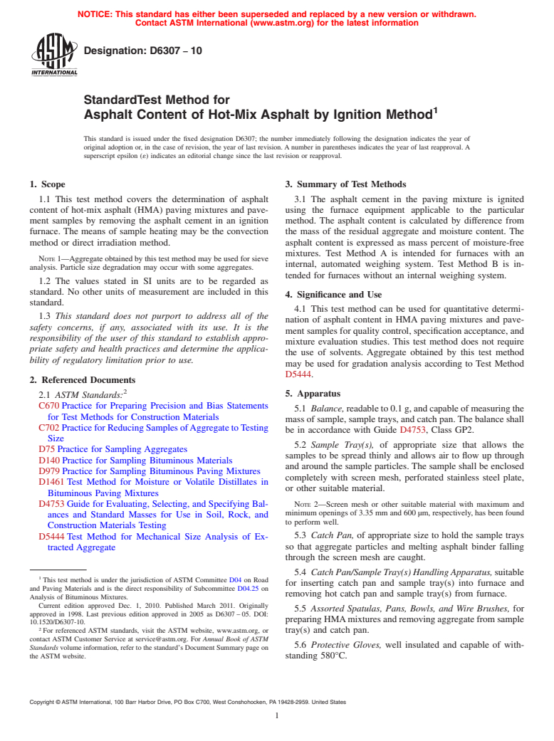 ASTM D6307-10 - Standard Test Method for Asphalt Content of Hot-Mix Asphalt by Ignition Method