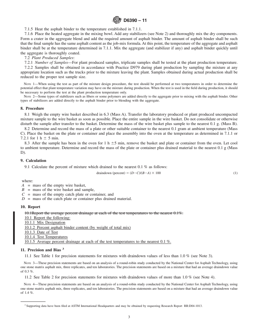 REDLINE ASTM D6390-11 - Standard Test Method for Determination of Draindown Characteristics in Uncompacted Asphalt Mixtures