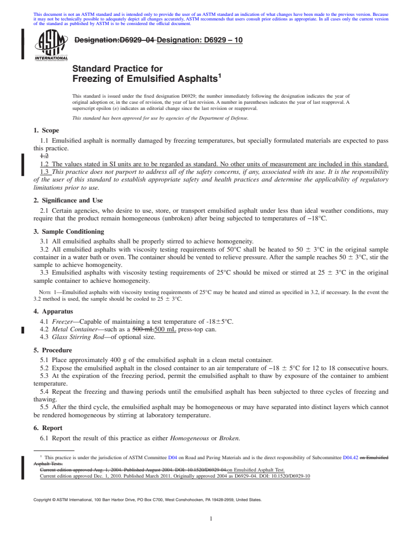 REDLINE ASTM D6929-10 - Standard Practice for Freezing of Emulsified Asphalts