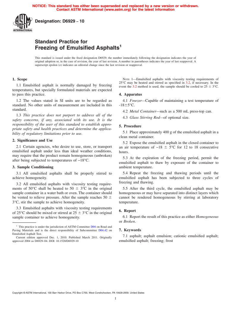 ASTM D6929-10 - Standard Practice for Freezing of Emulsified Asphalts