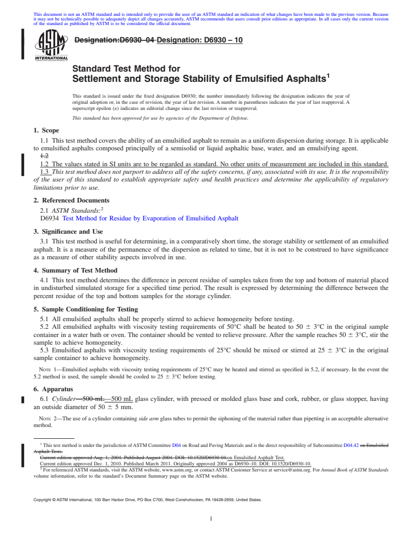 REDLINE ASTM D6930-10 - Standard Test Method for Settlement and Storage Stability of Emulsified Asphalts