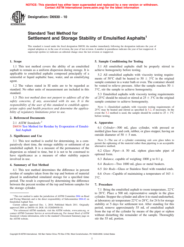 ASTM D6930-10 - Standard Test Method for Settlement and Storage Stability of Emulsified Asphalts