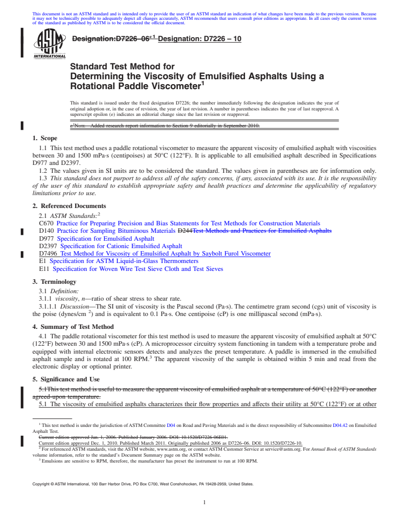 REDLINE ASTM D7226-10 - Standard Test Method for Determining the Viscosity of Emulsified Asphalts Using a Rotational Paddle Viscometer