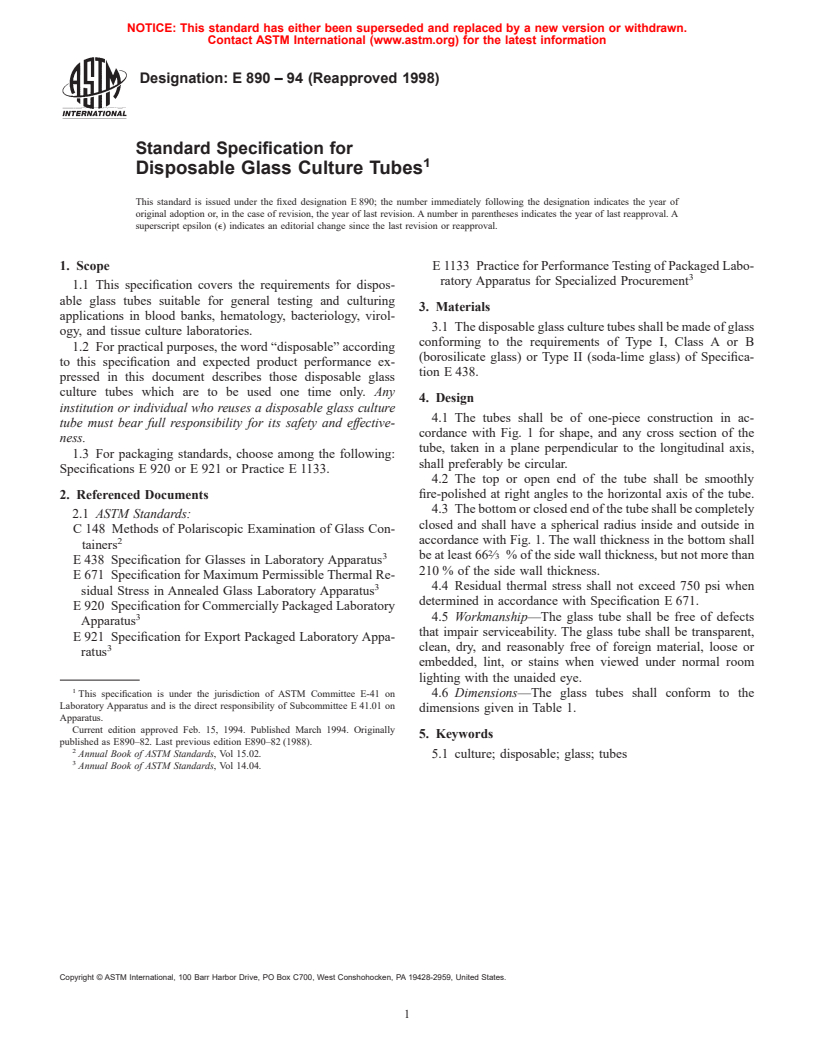 ASTM E890-94(1998) - Standard Specification for Disposable Glass Culture Tubes