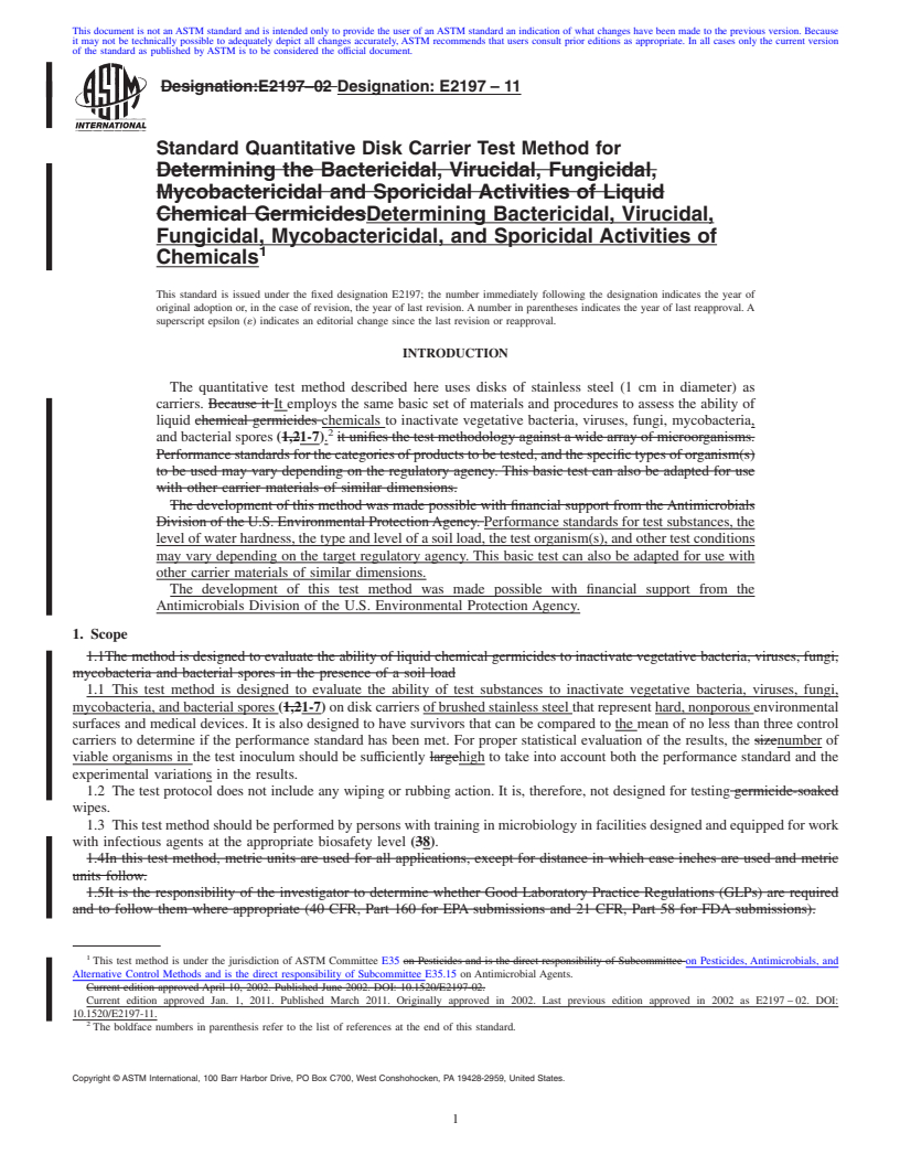 REDLINE ASTM E2197-11 - Standard Quantitative Disk Carrier Test Method for Determining the Bactericidal, Virucidal, Fungicidal, Mycobactericidal and Sporicidal Activities of Liquid Chemical Germicides