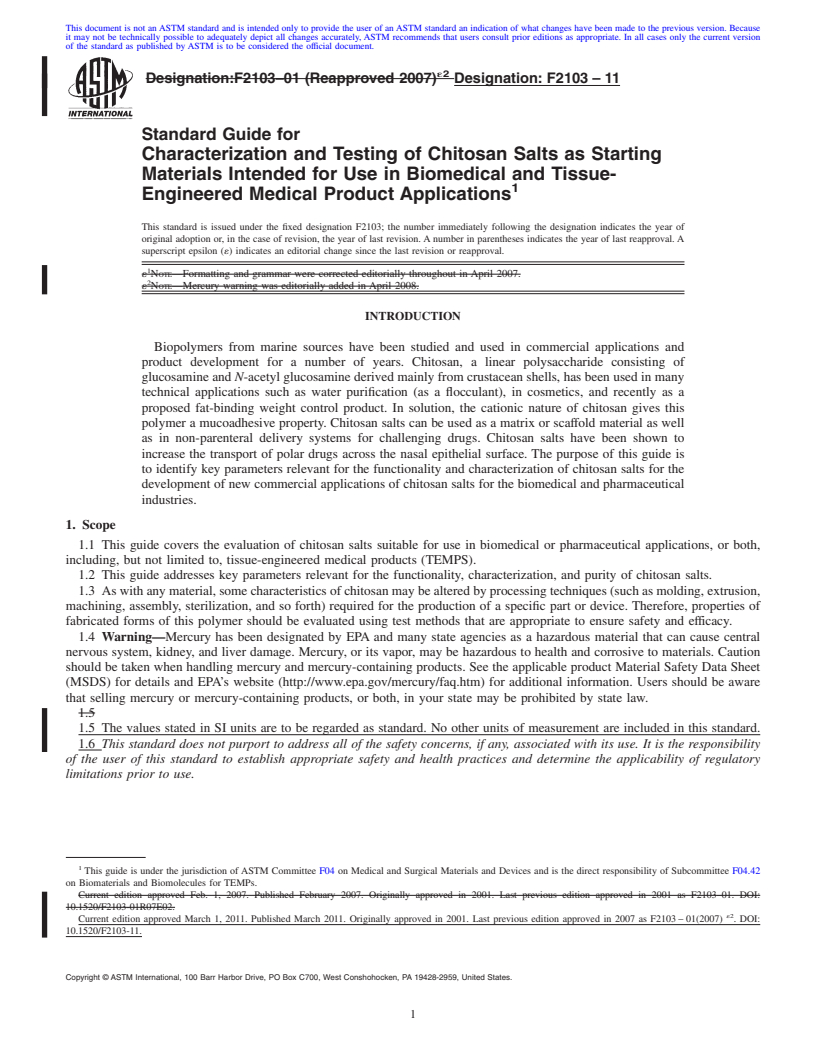 REDLINE ASTM F2103-11 - Standard Guide for Characterization and Testing of Chitosan Salts as Starting Materials Intended for Use in Biomedical and Tissue-Engineered Medical Product Applications