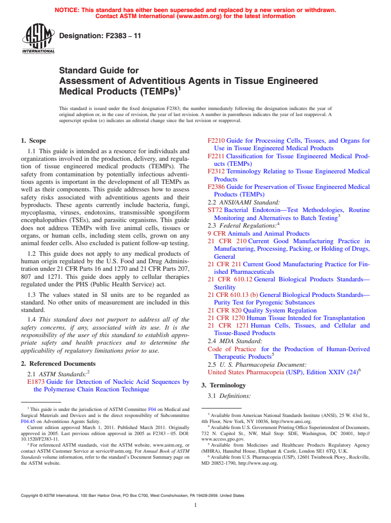 ASTM F2383-11 - Standard Guide for Assessment of Adventitious Agents in Tissue Engineered Medical Products (TEMPs) (Withdrawn 2020)