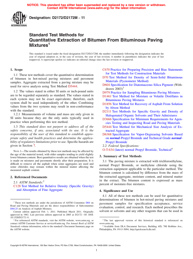 ASTM D2172/D2172M-11 - Standard Test Methods for Quantitative Extraction of Bitumen From Bituminous Paving Mixtures