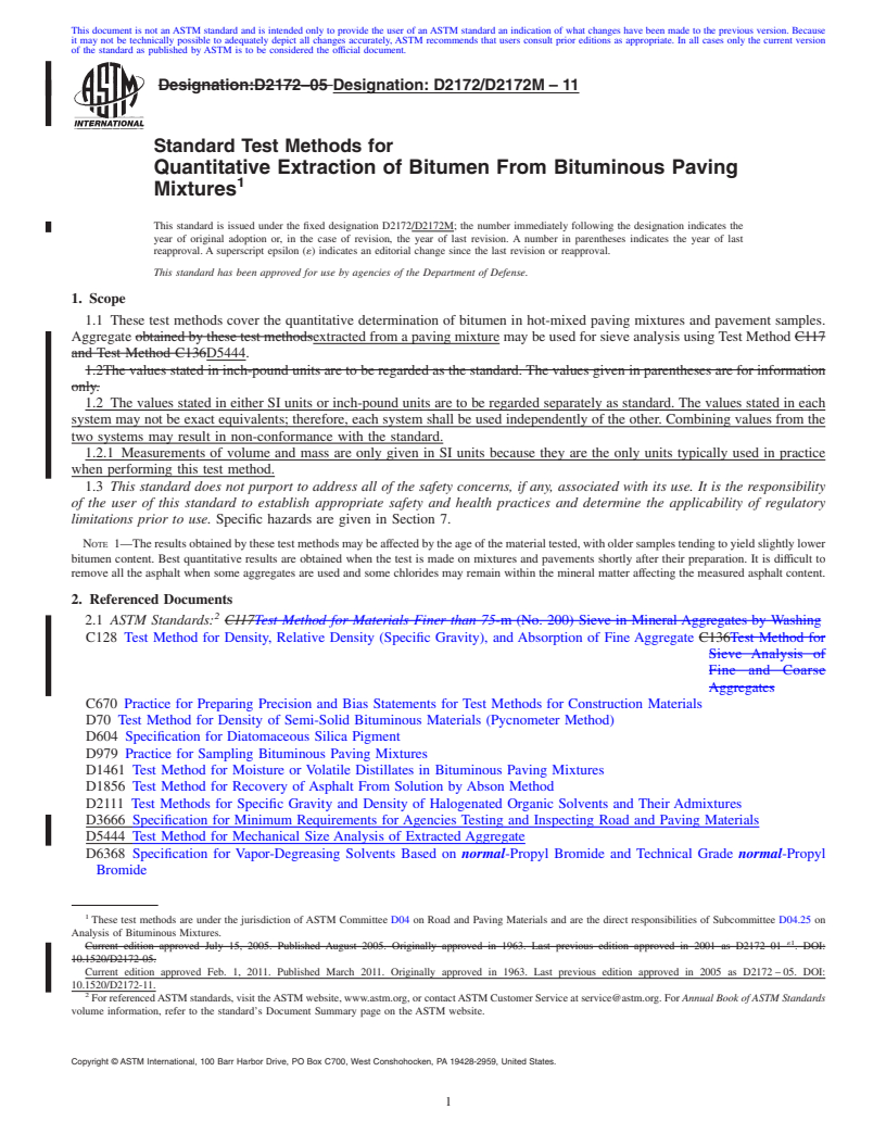 REDLINE ASTM D2172/D2172M-11 - Standard Test Methods for Quantitative Extraction of Bitumen From Bituminous Paving Mixtures