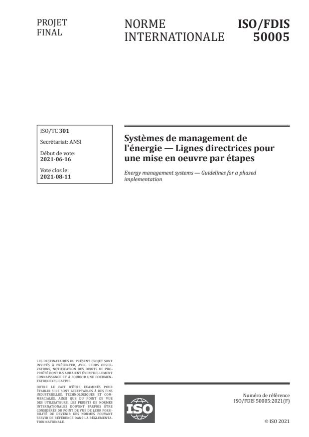 ISO/FDIS 50005:Version 24-jul-2021 - Systemes de management de l'énergie -- Lignes directrices pour une mise en oeuvre par étapes