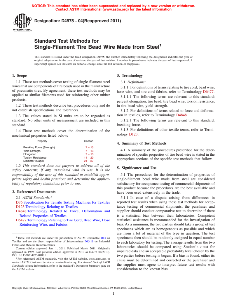 ASTM D4975-04(2011) - Standard Test Methods for Single-Filament Tire Bead Wire Made from Steel