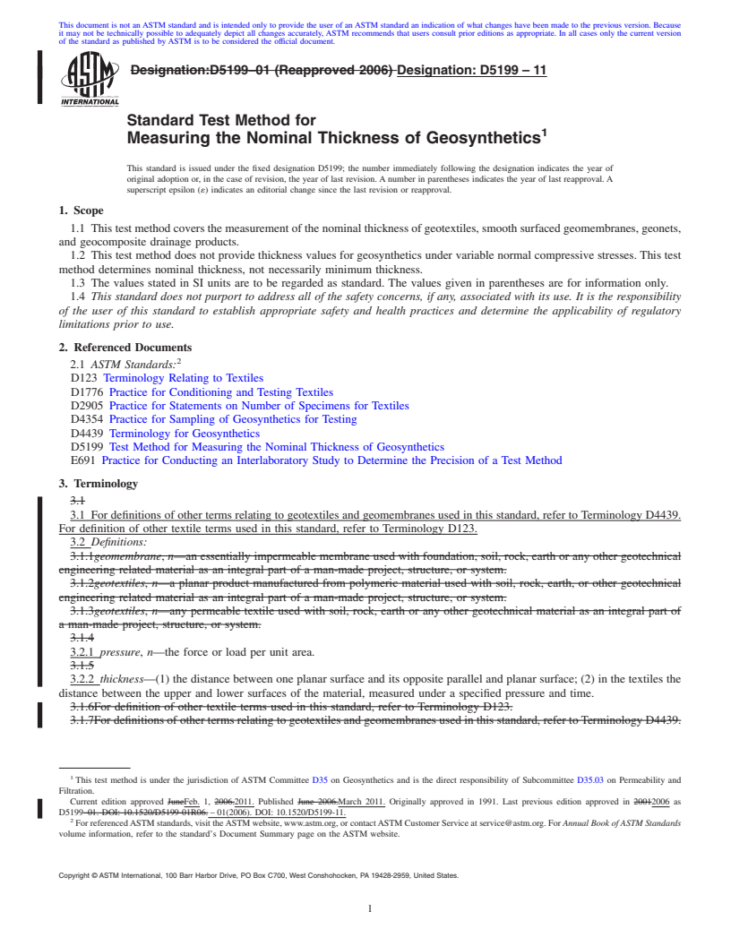 REDLINE ASTM D5199-11 - Standard Test Method for Measuring the Nominal Thickness of Geosynthetics