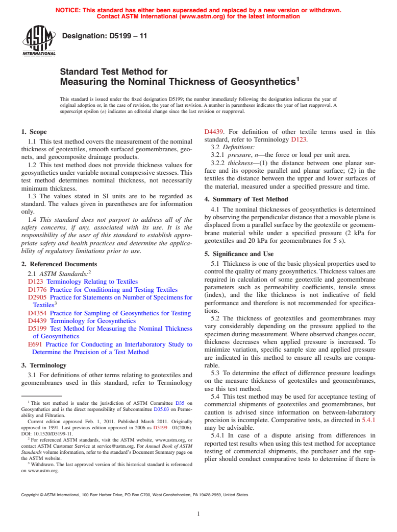 ASTM D5199-11 - Standard Test Method for Measuring the Nominal Thickness of Geosynthetics