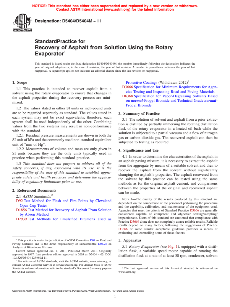 ASTM D5404/D5404M-11 - Standard Practice for Recovery of Asphalt from Solution Using the Rotary Evaporator