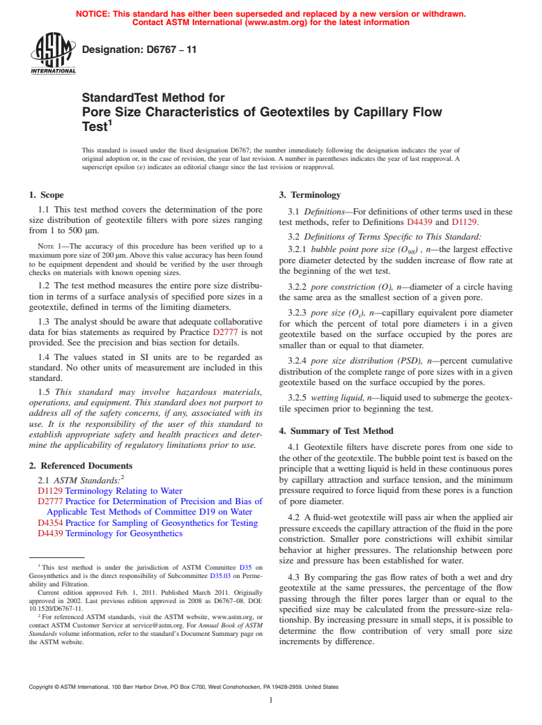 ASTM D6767-11 - Standard Test Method for Pore Size Characteristics of Geotextiles by Capillary Flow Test