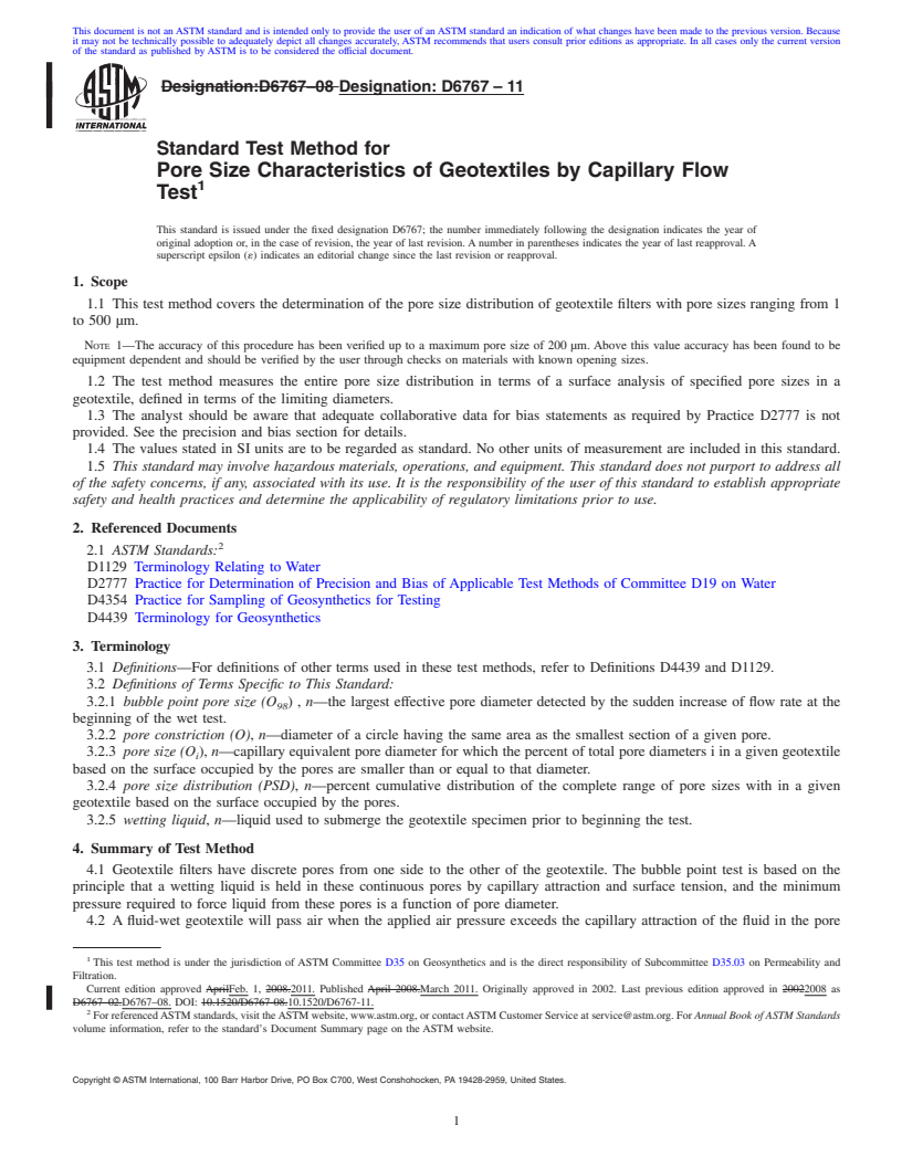 REDLINE ASTM D6767-11 - Standard Test Method for Pore Size Characteristics of Geotextiles by Capillary Flow Test