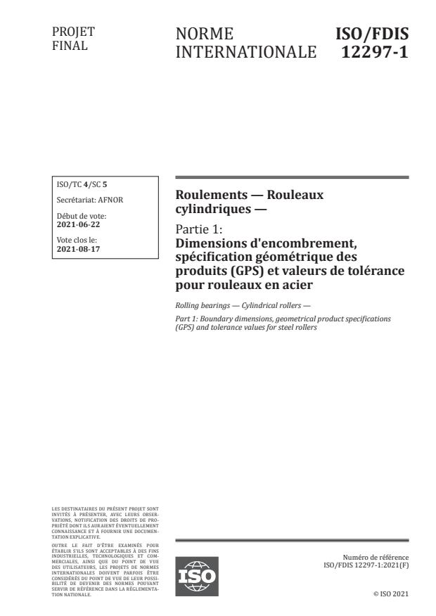 ISO/FDIS 12297-1:Version 17-jul-2021 - Roulements -- Rouleaux cylindriques