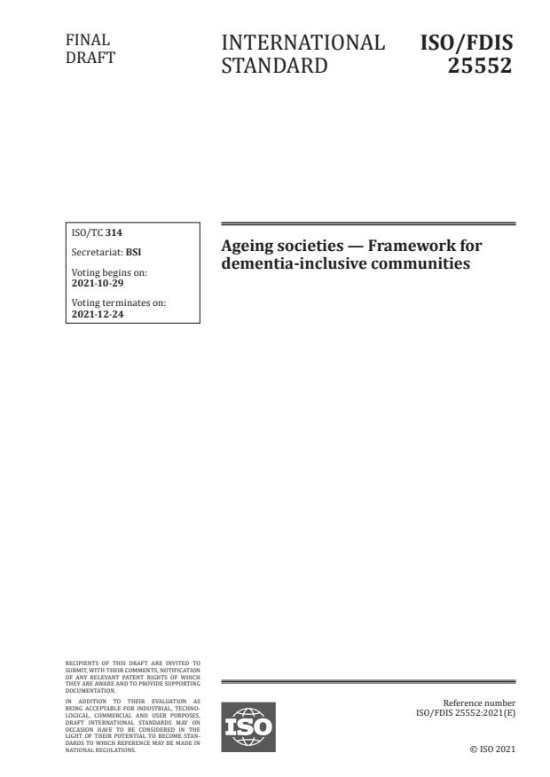 ISO/FDIS 25552 - Ageing societies -- Framework for dementia-inclusive communities