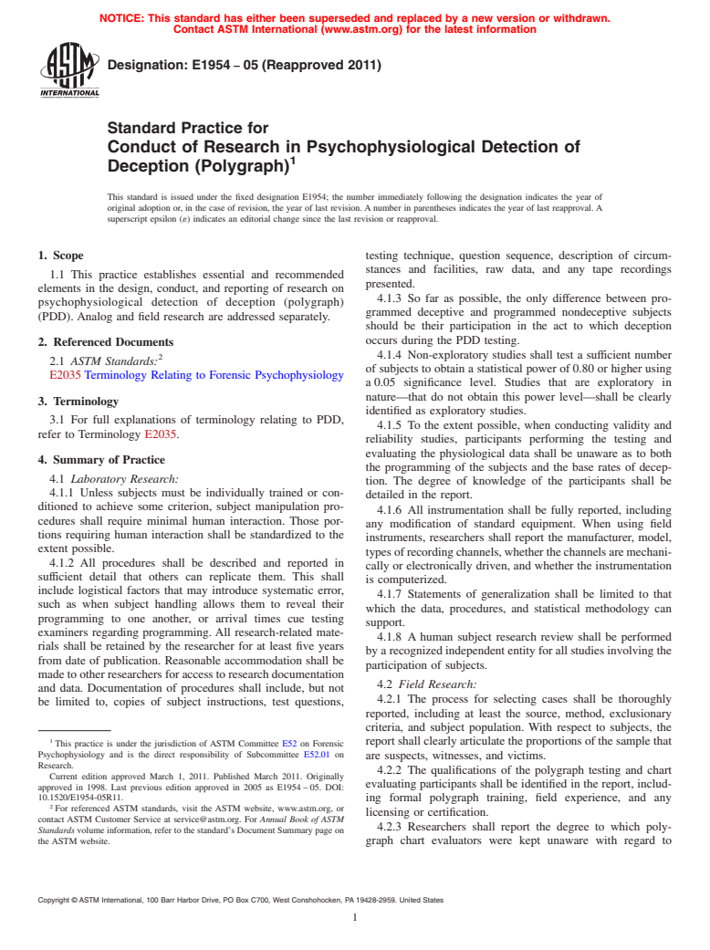 ASTM E1954-05(2011) - Standard Practice for Conduct of Research in Psychophysiological Detection of Deception (Polygraph)