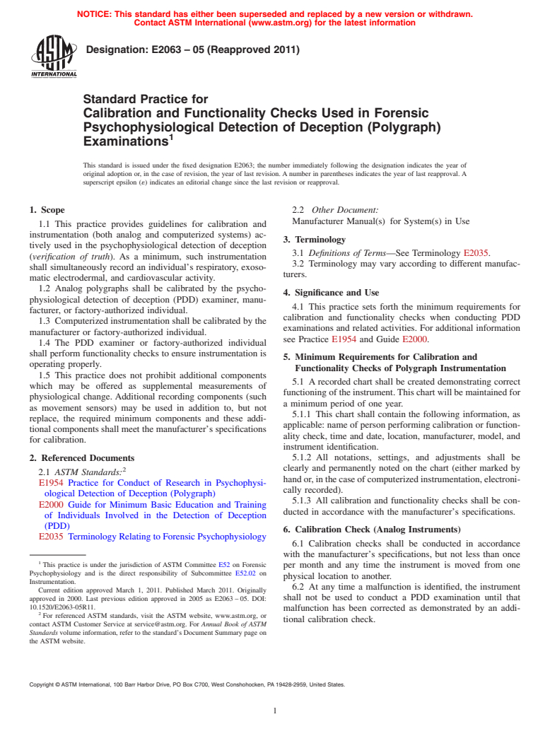 ASTM E2063-05(2011) - Standard Practice for Calibration and Functionality Checks Used in Forensic Psychophysiological Detection of Deception (Polygraph) Examinations