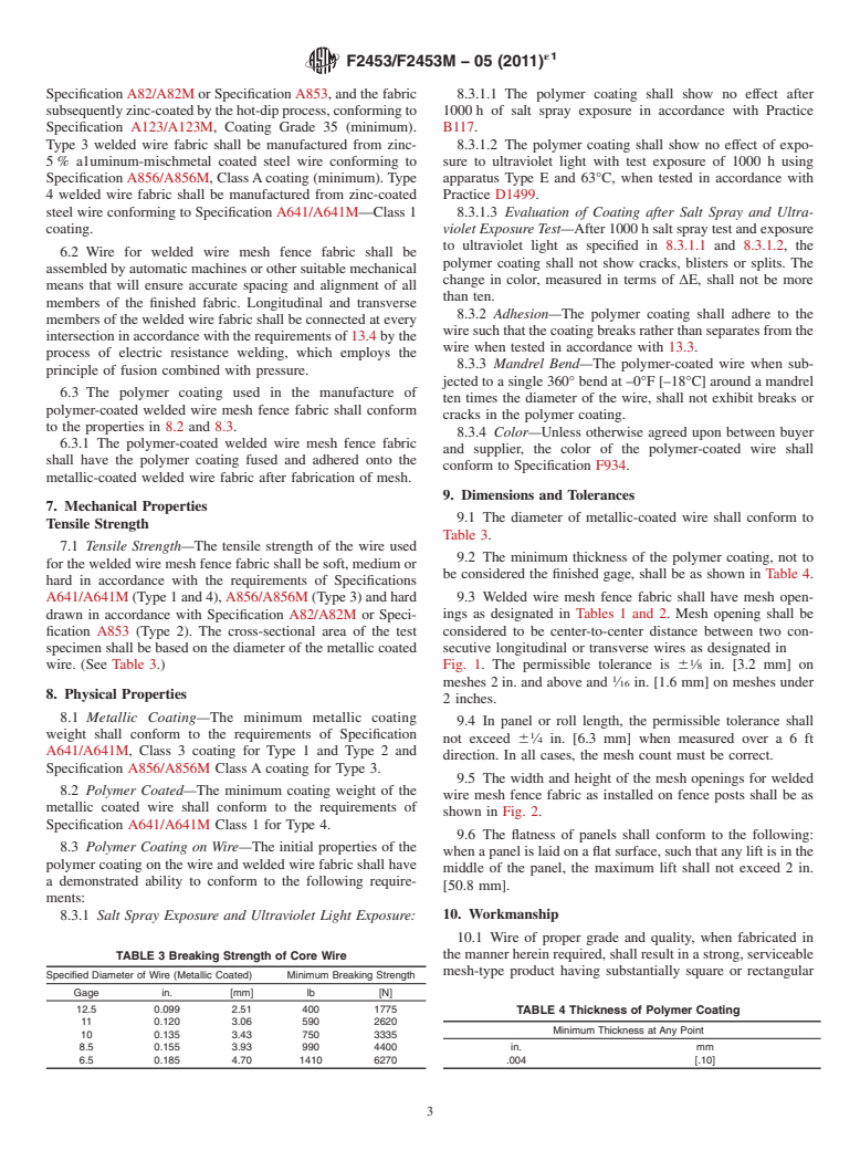 ASTM F2453/F2453M-05(2011)e1 - Standard Specification for Welded Wire Mesh Fence Fabric (Metallic-Coated or Polymer Coated) for Meshes of 6 in.<sup>2</sup>  [3871 mm<sup>2</sup>] or Less, in Panels or Rolls, with Uniform Meshes