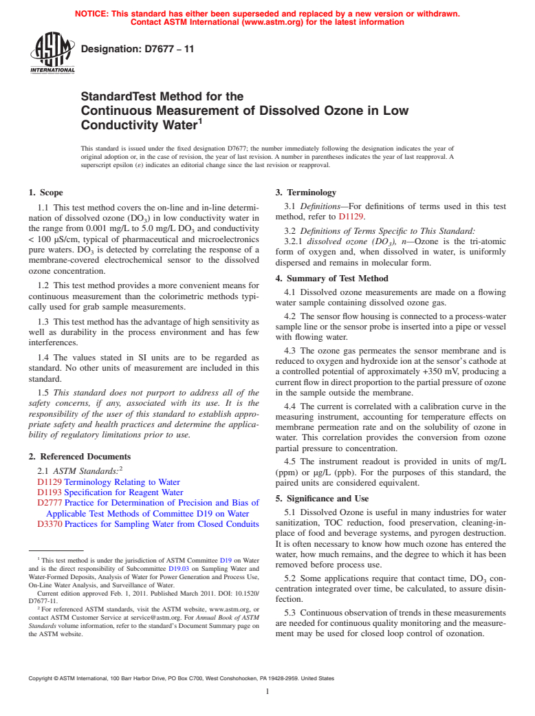 ASTM D7677-11 - Standard Test Method for the Continuous Measurement of Dissolved Ozone in Low Conductivity Water