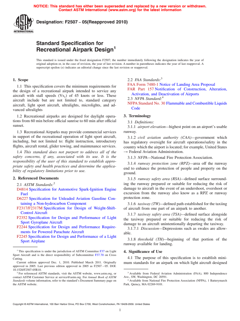 ASTM F2507-05(2010) - Standard Specification for Recreational Airpark Design