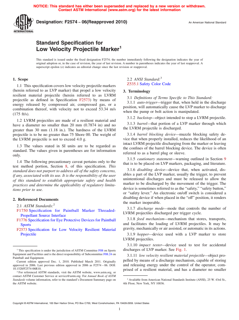 ASTM F2574-06(2010) - Standard Specification for Low Velocity Projectile Marker