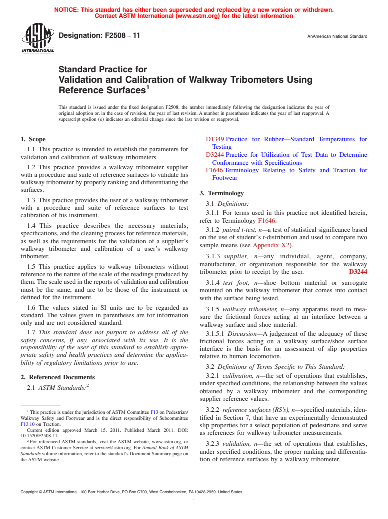 ASTM F2508-11 - Standard Practice for Validation and Calibration of Walkway Tribometers Using Reference Surfaces