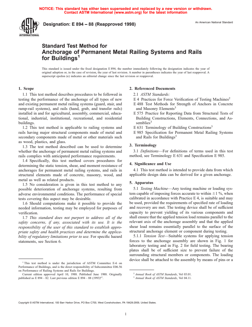 ASTM E894-88(1998) - Standard Test Method for Anchorage of Permanent Metal Railing Systems and Rails for Buildings