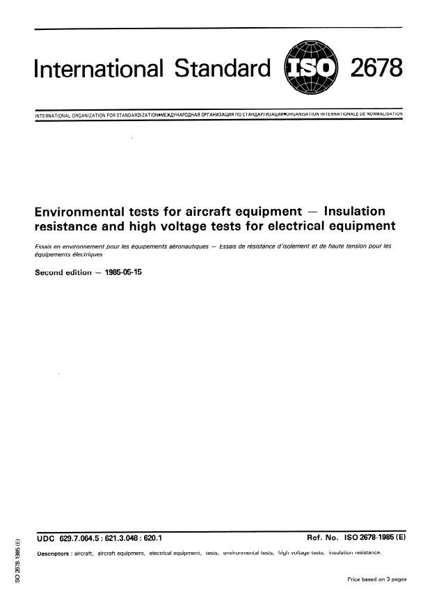 ISO 2678:1985 - Environmental tests for aircraft equipment -- Insulation resistance and high voltage tests for electrical equipment