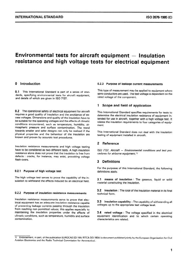 ISO 2678:1985 - Environmental tests for aircraft equipment -- Insulation resistance and high voltage tests for electrical equipment