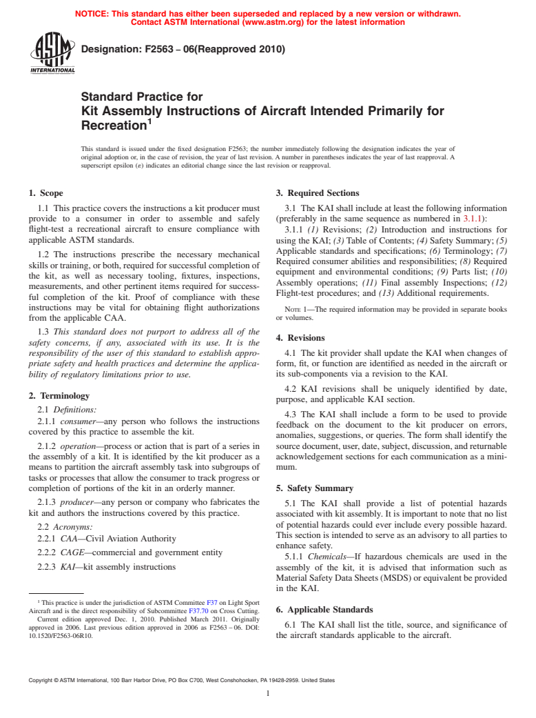 ASTM F2563-06(2010) - Standard Practice for Kit Assembly Instructions of Aircraft Intended Primarily for Recreation