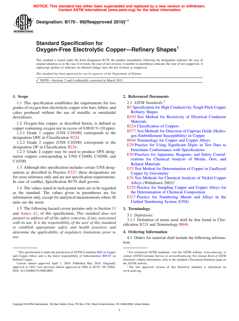 ASTM B170-99(2010)e1 - Standard Specification for Oxygen-Free Electrolytic Copper&#8212;Refinery Shapes