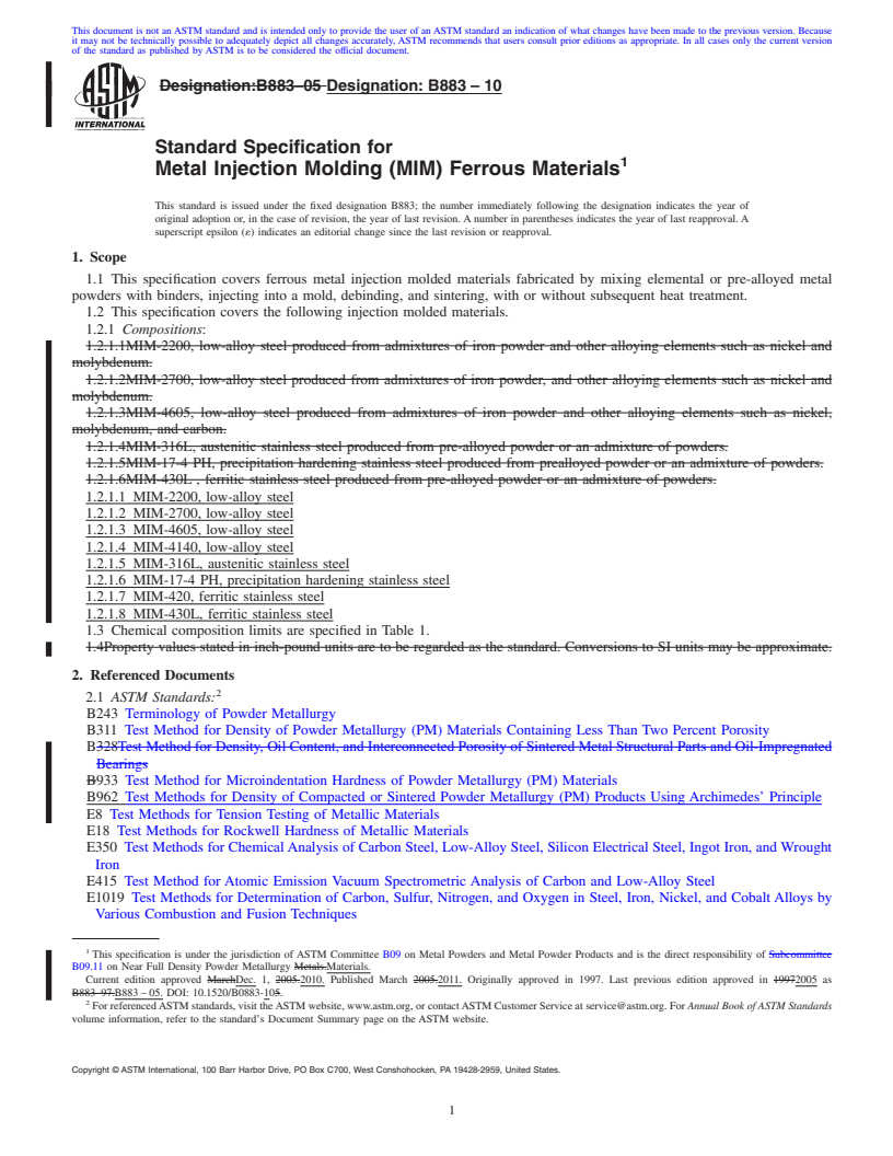 REDLINE ASTM B883-10 - Standard Specification for Metal Injection Molding (MIM) Ferrous Materials