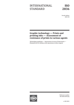 ISO 2836:2021 ISO 2836:2021 - Graphic technology — Prints and printing inks — Assessment of resistance of prints to various agents
Released:5/31/2021 - Page 1 preview