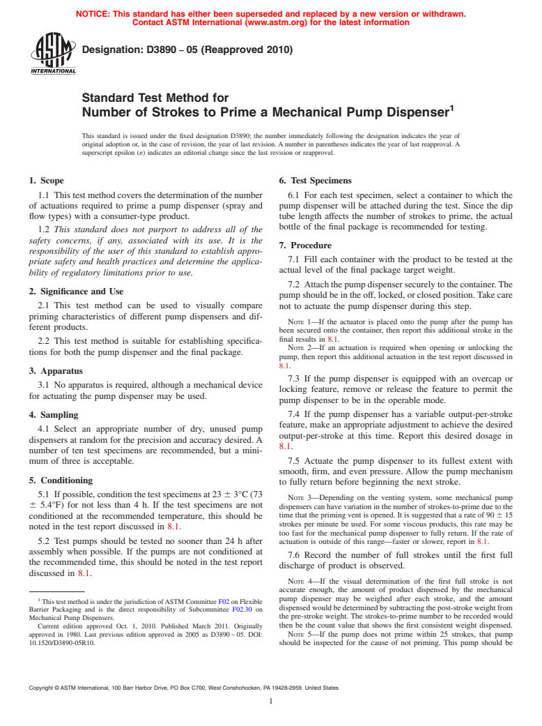 ASTM D3890-05(2010) - Standard Test Method for Number of Strokes to Prime a Mechanical Pump Dispenser