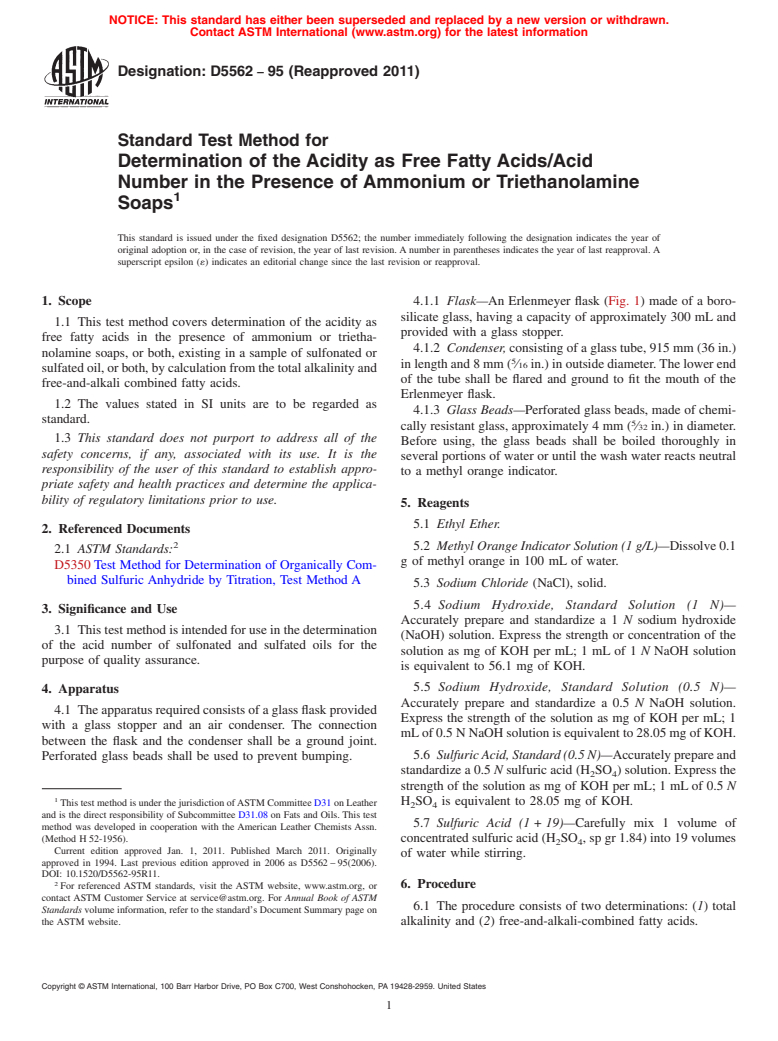 ASTM D5562-95(2011) - Standard Test Method for Determination of the Acidity as Free Fatty Acids/Acid Number in the Presence of Ammonium or Triethanolamine Soaps