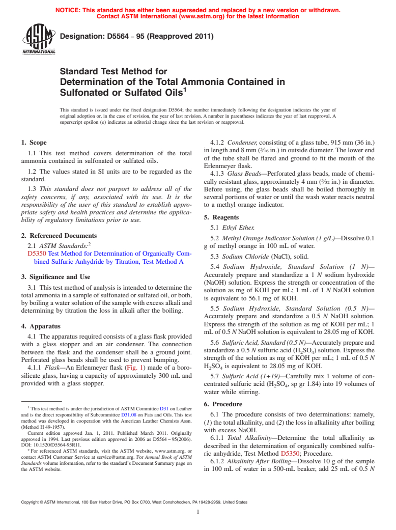 ASTM D5564-95(2011) - Standard Test Method for Determination of the Total Ammonia Contained in Sulfonated or Sulfated Oils
