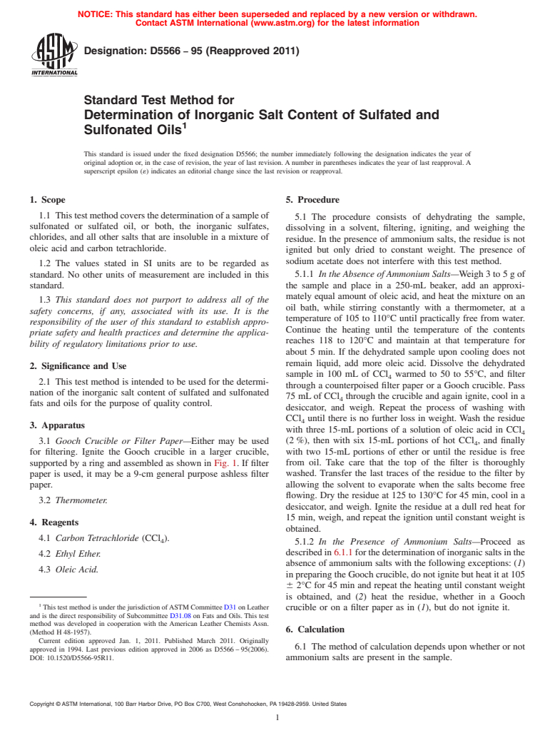 ASTM D5566-95(2011) - Standard Test Method for Determination of Inorganic Salt Content of Sulfated and Sulfonated Oils (Withdrawn 2020)