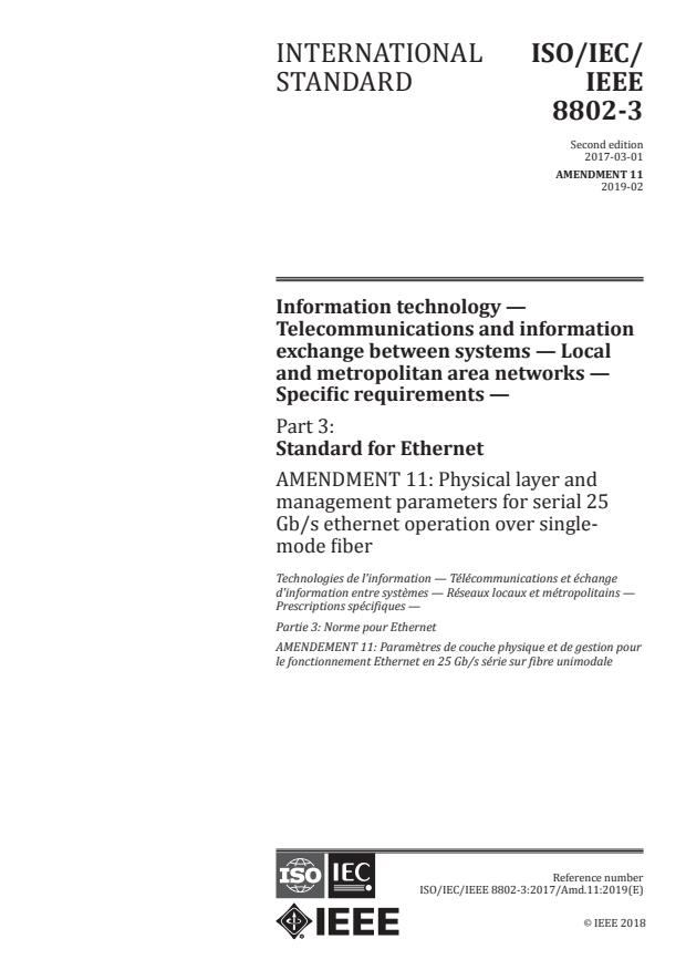 ISO/IEC/IEEE 8802-3:2017/Amd 11:2019 - Physical layer and management parameters for serial 25 Gb/s ethernet operation over single-mode fiber