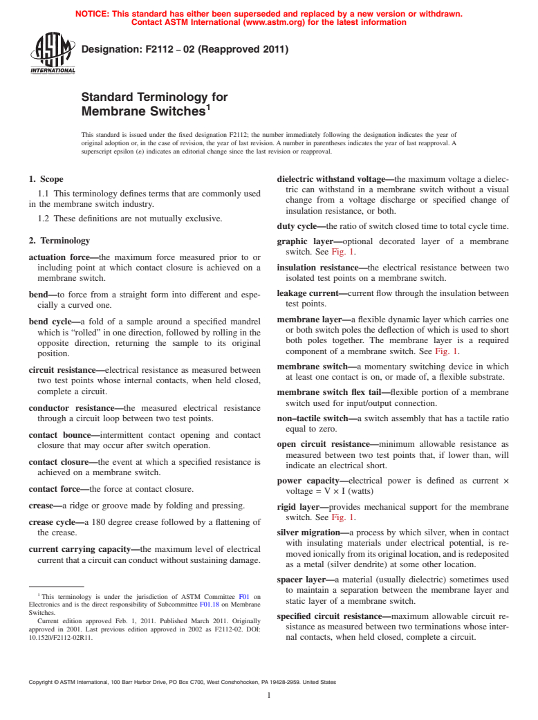 ASTM F2112-02(2011) - Standard Terminology for Membrane Switches