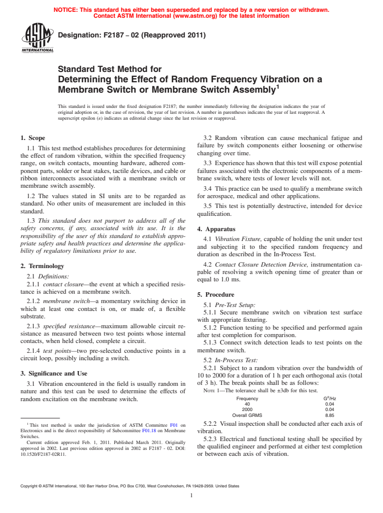 ASTM F2187-02(2011) - Standard Test Method for Determining the Effect of Random Frequency Vibration on a Membrane Switch or Membrane Switch Assembly