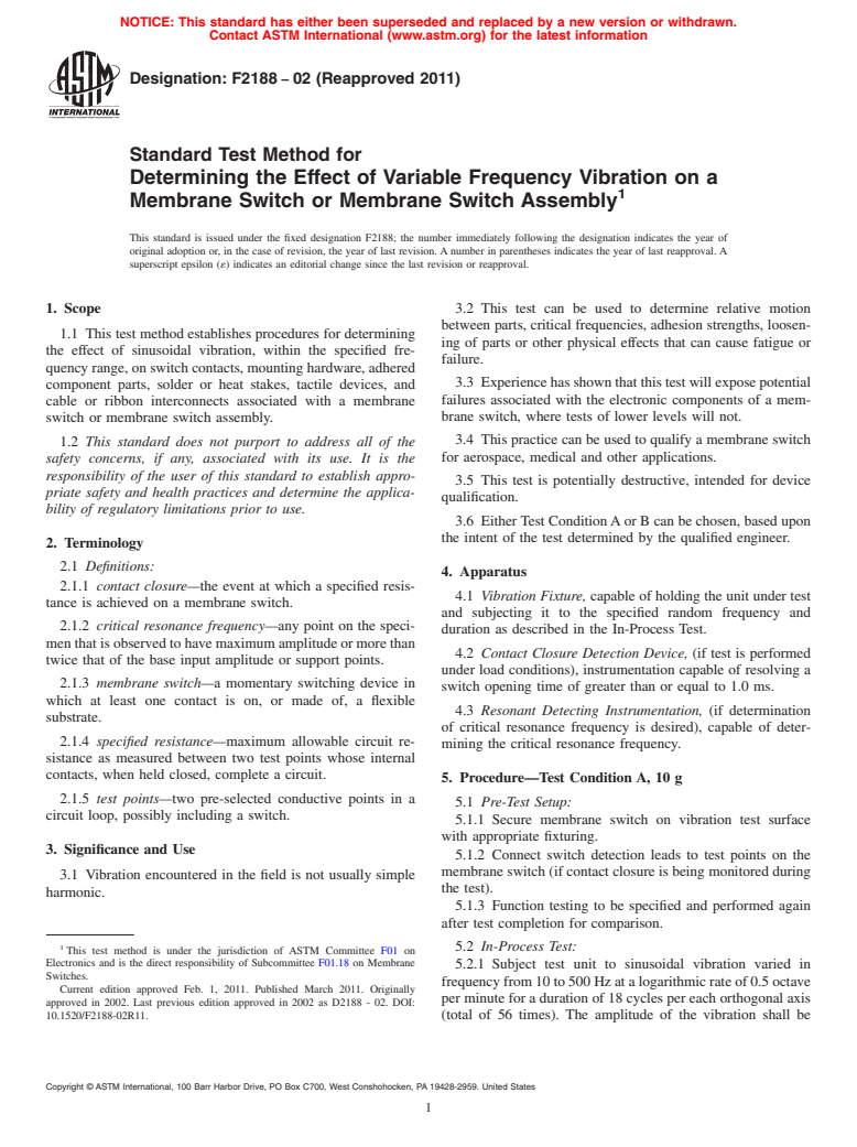 ASTM F2188-02(2011) - Standard Test Method for Determining the Effect of Variable Frequency Vibration on a Membrane Switch or Membrane Switch Assembly