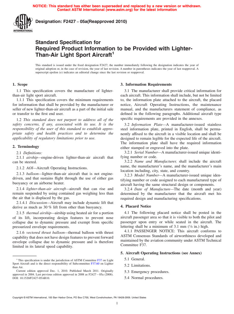 ASTM F2427-05a(2010) - Standard Specification for Required Product Information to be Provided with Lighter-Than-Air Light  Sport Aircraft